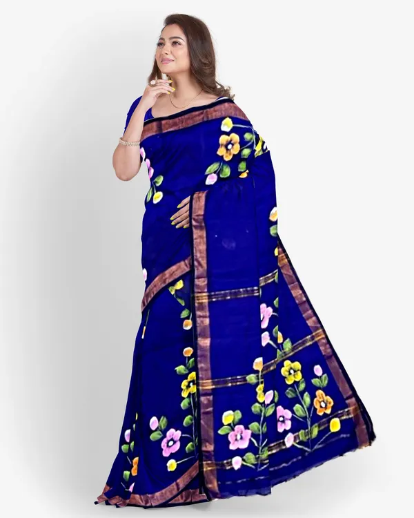 Blue_Cotton_Blend_Handloom_Floral_Print_Saree_For_Women