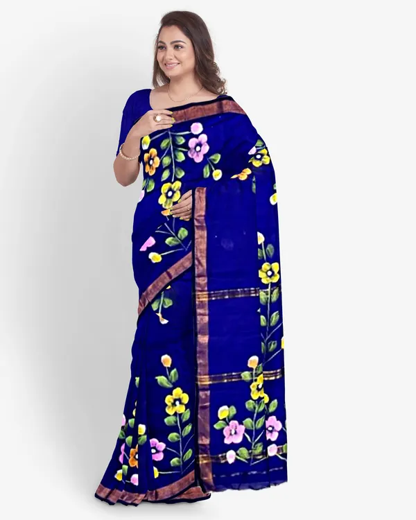 Blue_Cotton_Blend_Handloom_Floral_Print_Saree_For_Women