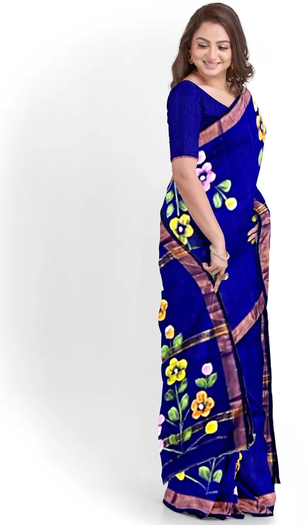 Blue_Cotton_Blend_Handloom_Floral_Print_Saree_For_Women