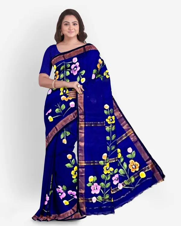 Blue_Cotton_Blend_Handloom_Floral_Print_Saree_For_Women