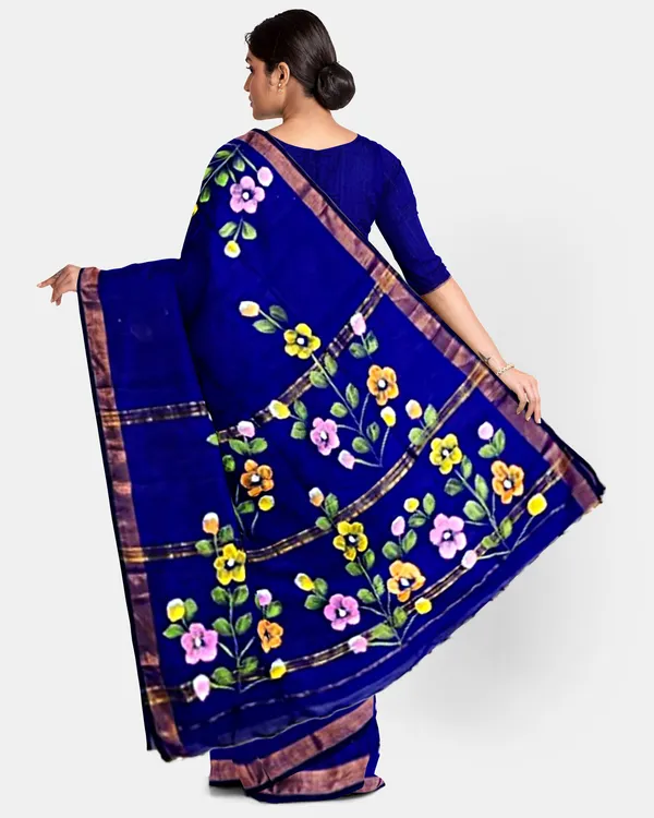 Blue_Cotton_Blend_Handloom_Floral_Print_Saree_For_Women