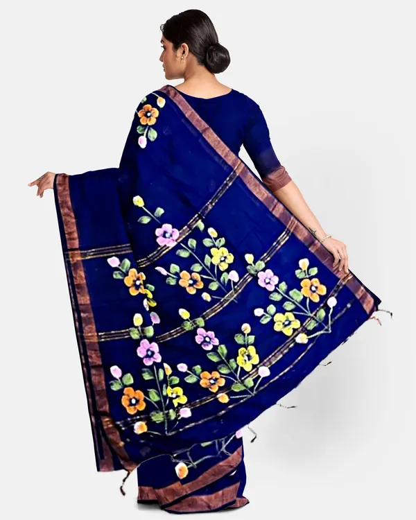 Navy_Blue_Cotton_Blend_Handloom_Floral_Print_Saree_For_Women