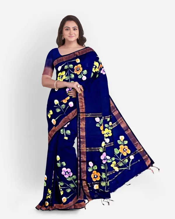 Navy_Blue_Cotton_Blend_Handloom_Floral_Print_Saree_For_Women