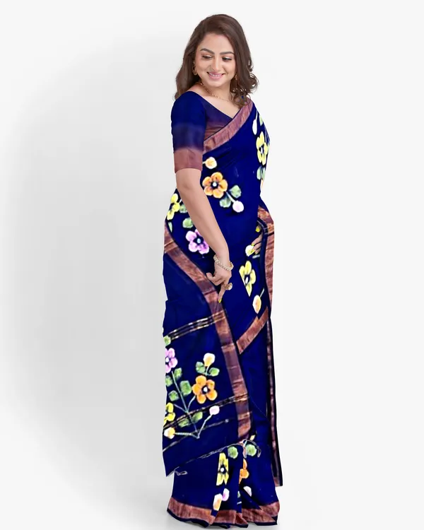 Navy_Blue_Cotton_Blend_Handloom_Floral_Print_Saree_For_Women