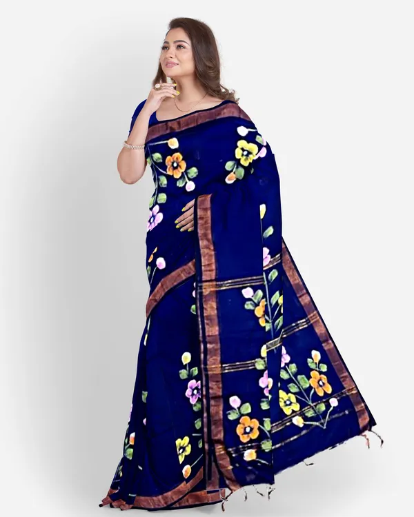 Navy_Blue_Cotton_Blend_Handloom_Floral_Print_Saree_For_Women