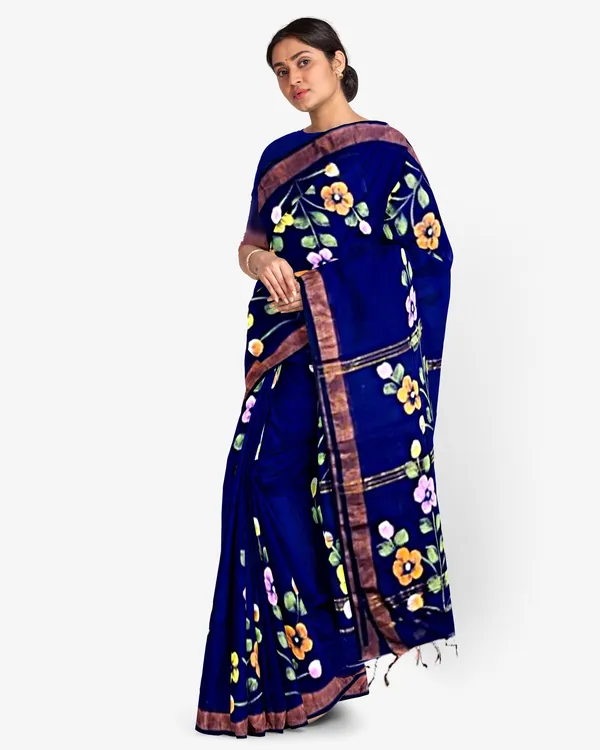 Navy_Blue_Cotton_Blend_Handloom_Floral_Print_Saree_For_Women