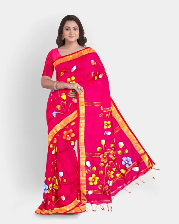 Pink_Cotton_Blend_Handloom_Floral_Print_Saree_For_Women