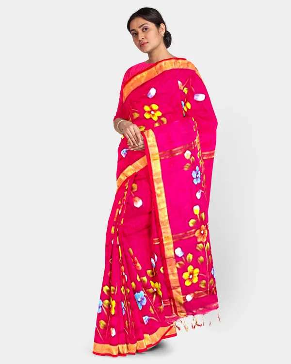 Pink_Cotton_Blend_Handloom_Floral_Print_Saree_For_Women