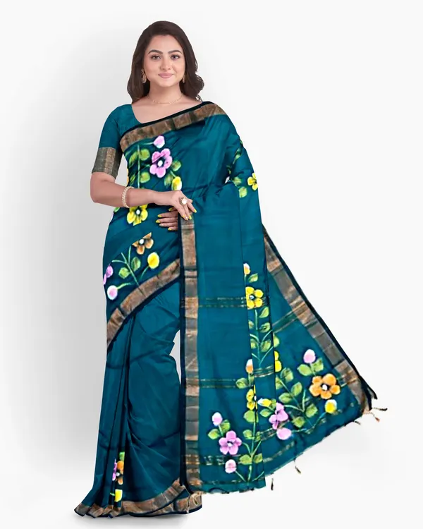 Teal_Cotton_Blend_Handloom_Floral_Print_Saree_For_Women