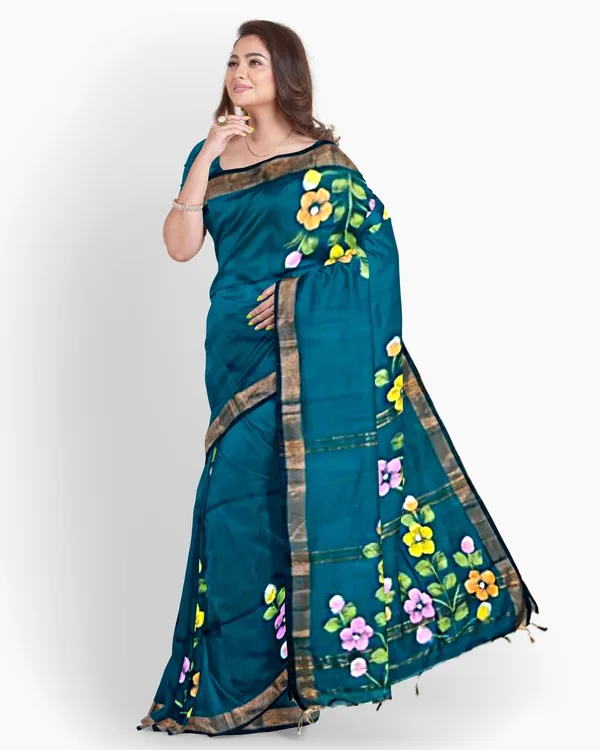 Teal_Cotton_Blend_Handloom_Floral_Print_Saree_For_Women