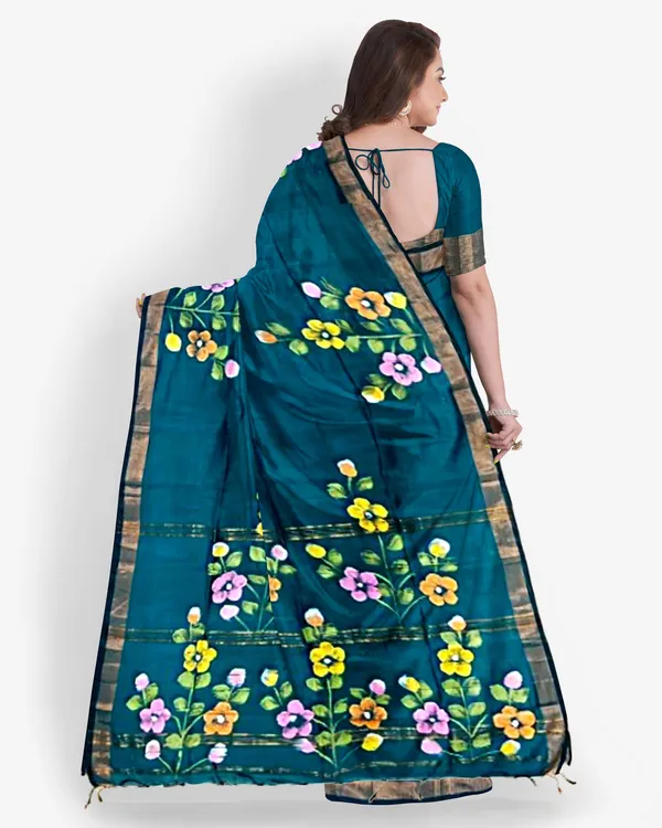 Teal_Cotton_Blend_Handloom_Floral_Print_Saree_For_Women