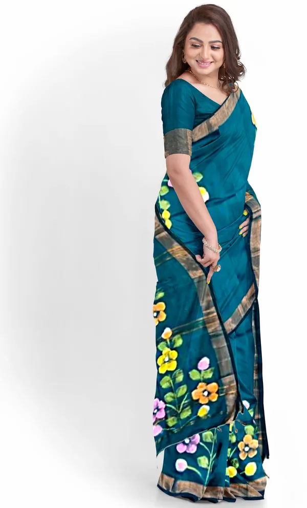 Teal_Cotton_Blend_Handloom_Floral_Print_Saree_For_Women