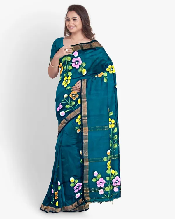 Teal_Cotton_Blend_Handloom_Floral_Print_Saree_For_Women