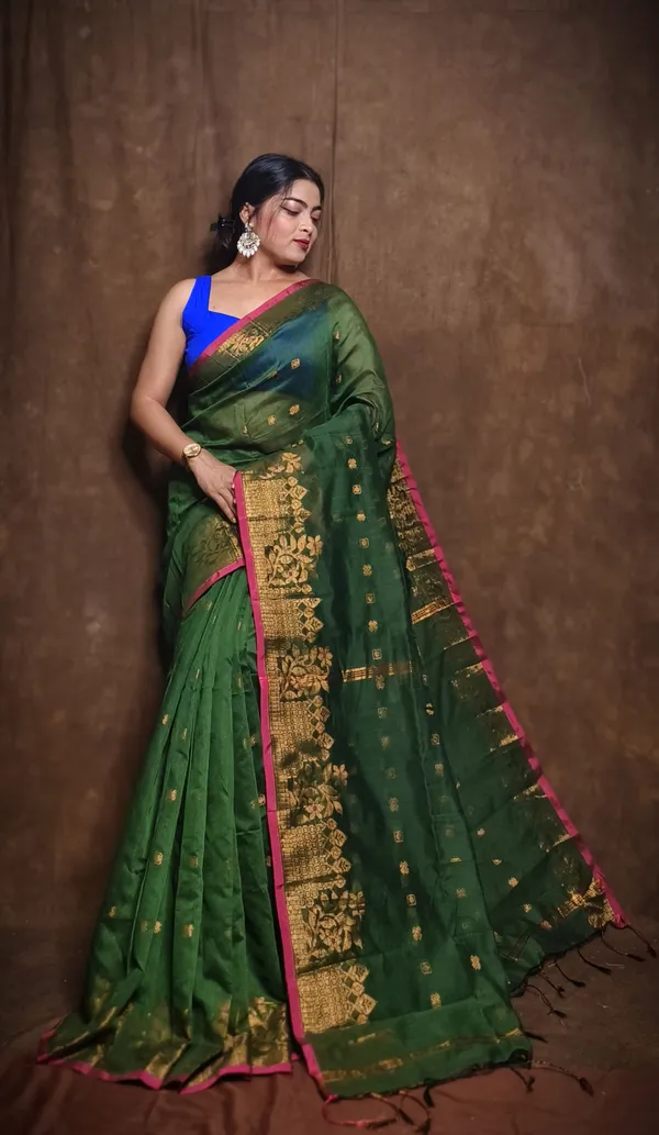 Bottle_Green_Cotton_Blend_Handloom_Self_Design_Saree_For_Women