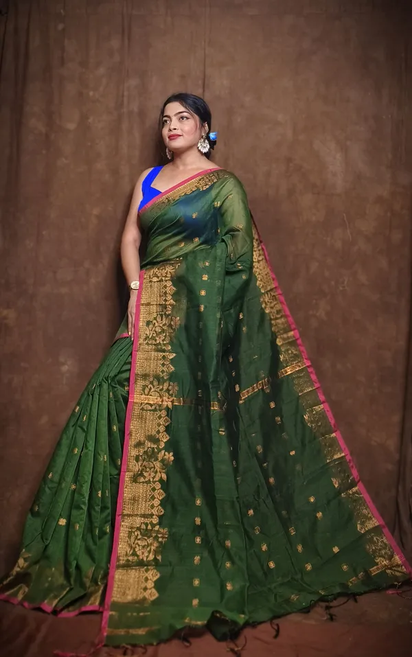Bottle_Green_Cotton_Blend_Handloom_Self_Design_Saree_For_Women