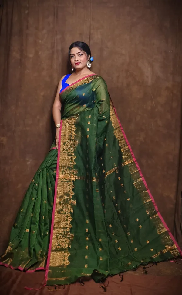 Bottle_Green_Cotton_Blend_Handloom_Self_Design_Saree_For_Women