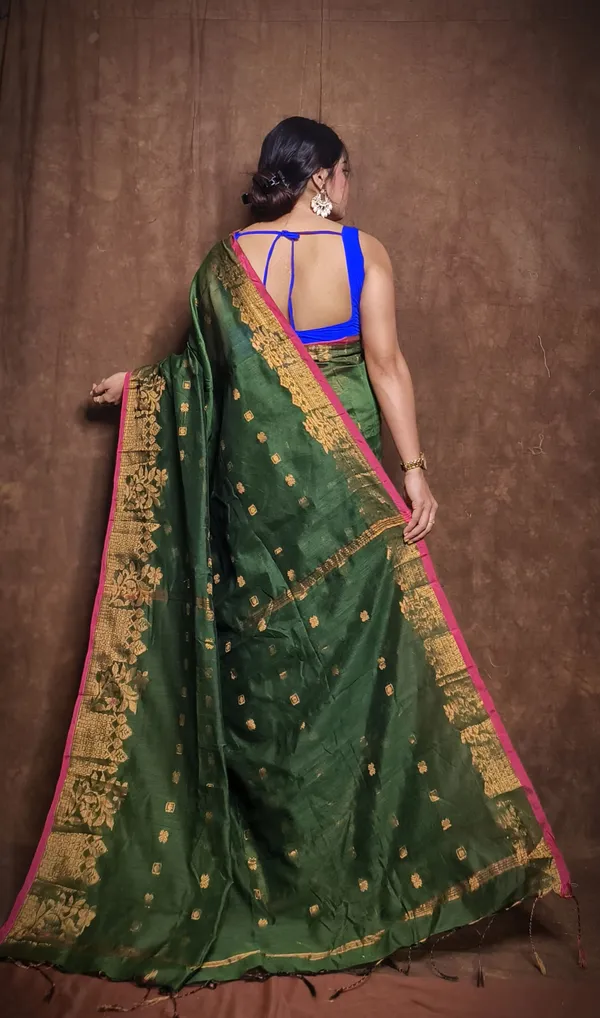 Bottle_Green_Cotton_Blend_Handloom_Self_Design_Saree_For_Women
