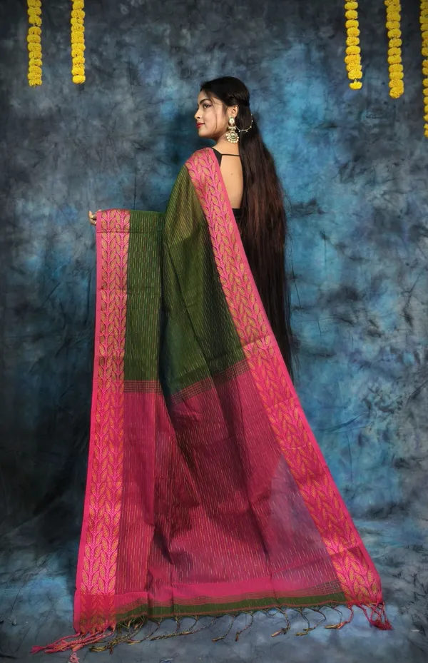 Mehandi_&_Magenta_Pure_Cotton_Handloom_Applique_Saree_For_Women