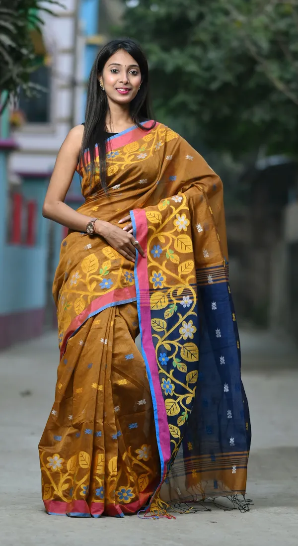 Brown_&_Navy_Blue_Pure_Cotton_Handloom_Embellished_Saree_For_Women