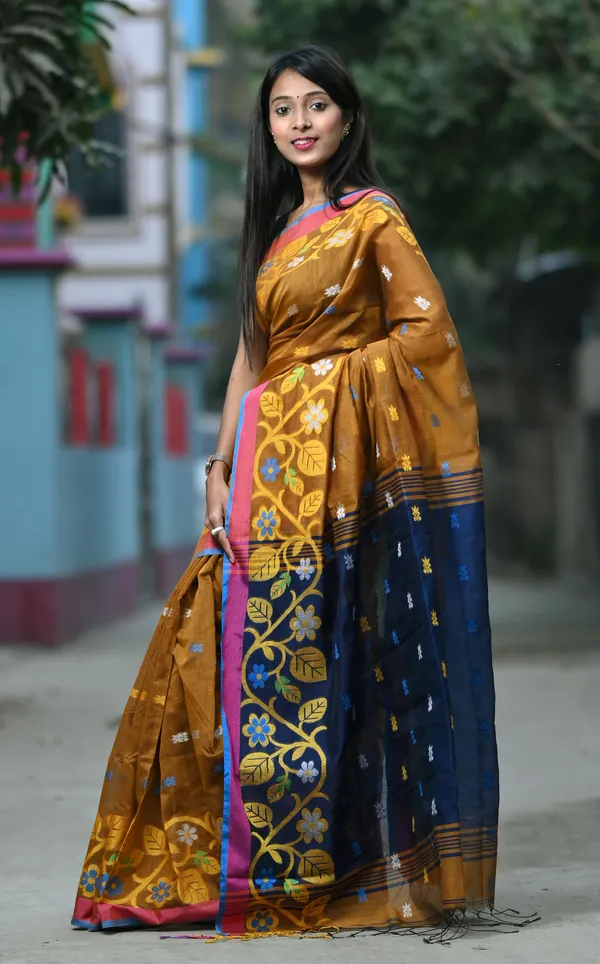 Brown_&_Navy_Blue_Pure_Cotton_Handloom_Embellished_Saree_For_Women