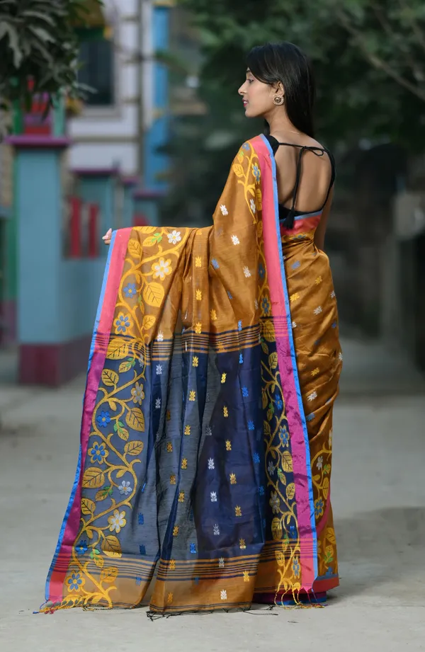 Brown_&_Navy_Blue_Pure_Cotton_Handloom_Embellished_Saree_For_Women