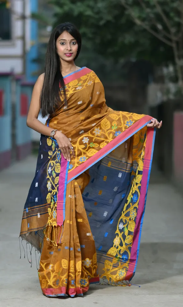 Brown_&_Navy_Blue_Pure_Cotton_Handloom_Embellished_Saree_For_Women
