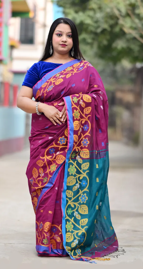 Dark_Purple_&_Blue_Pure_Cotton_Handloom_Embellished_Saree_For_Women