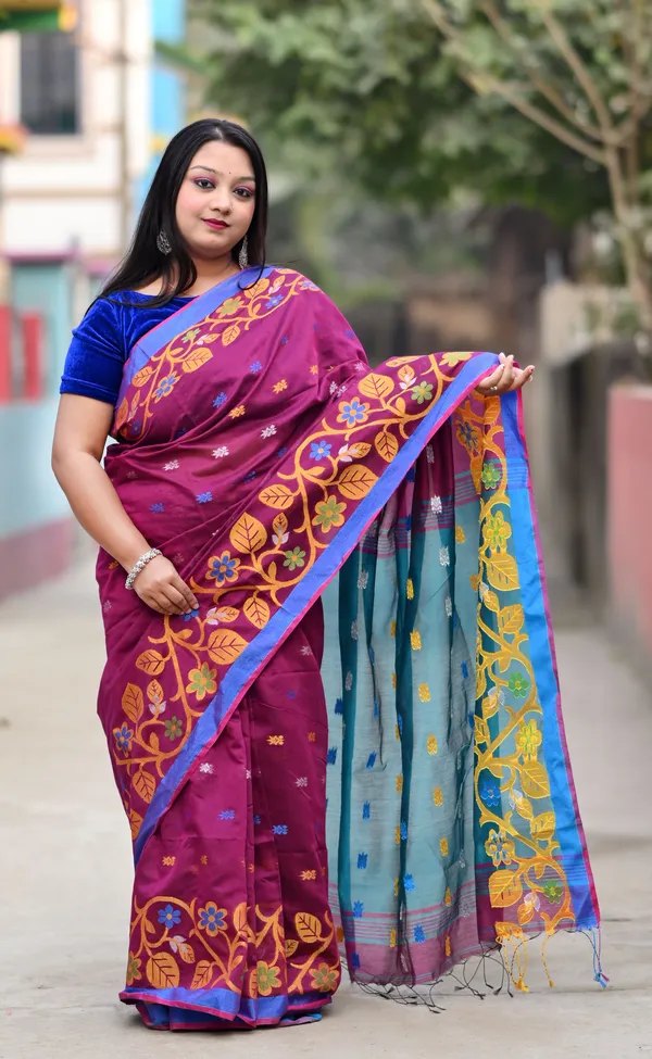 Dark_Purple_&_Blue_Pure_Cotton_Handloom_Embellished_Saree_For_Women
