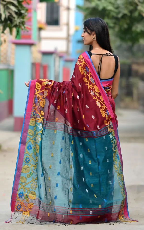 Maroon_&_Blue_Pure_Cotton_Handloom_Embellished_Saree_For_Women
