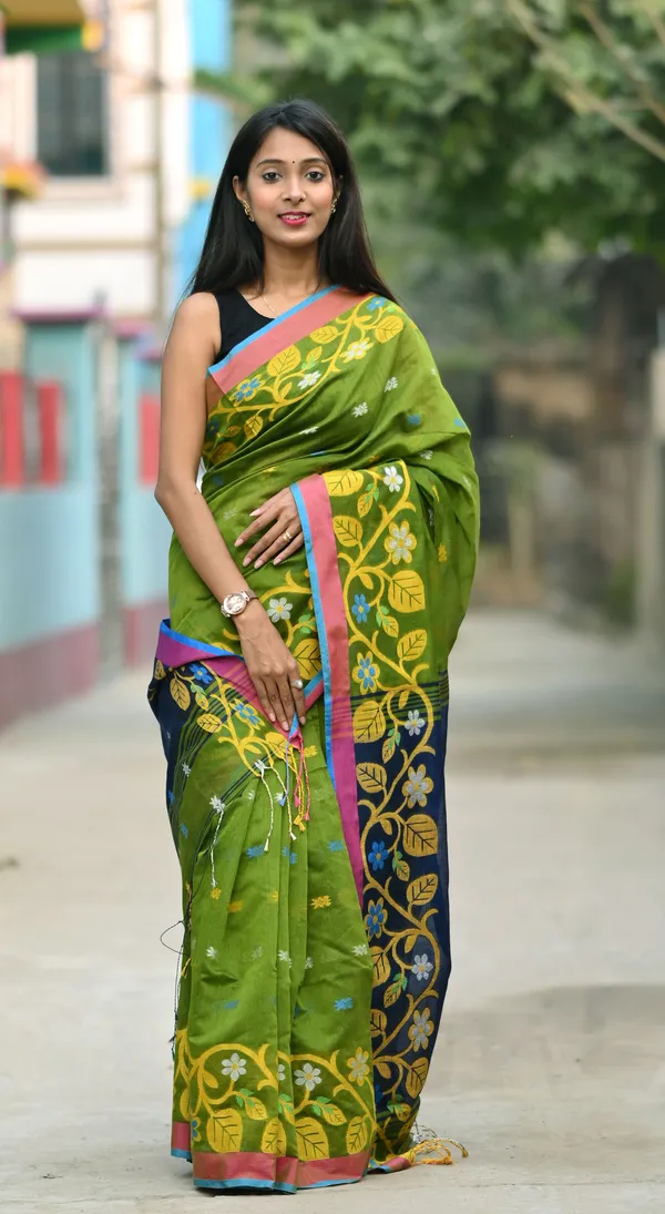 Mehendi_&_Navy_Blue_Pure_Cotton_Handloom_Embellished_Saree_For_Women