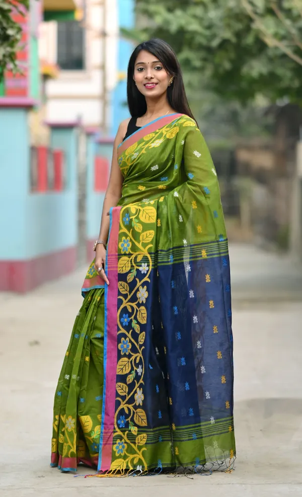 Mehendi_&_Navy_Blue_Pure_Cotton_Handloom_Embellished_Saree_For_Women