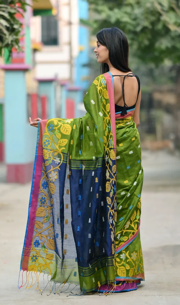 Mehendi_&_Navy_Blue_Pure_Cotton_Handloom_Embellished_Saree_For_Women
