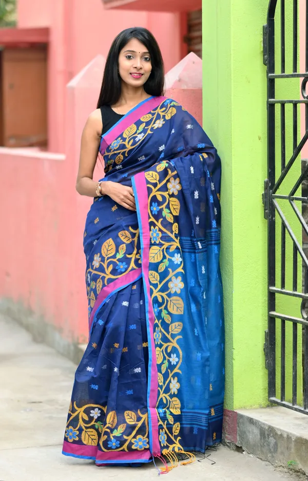 Navy_Blue_Pure_Cotton_Handloom_Embellished_Saree_For_Women