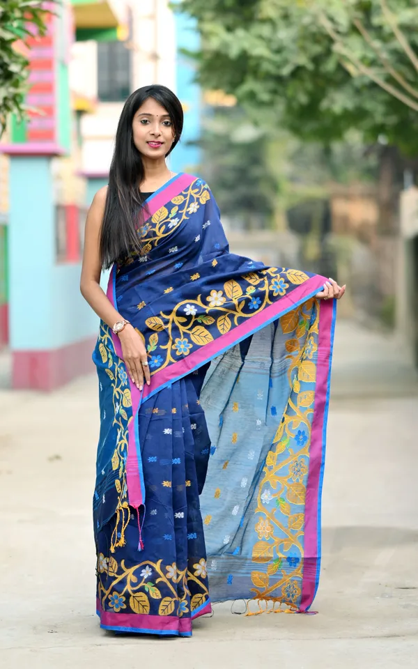 Navy_Blue_Pure_Cotton_Handloom_Embellished_Saree_For_Women