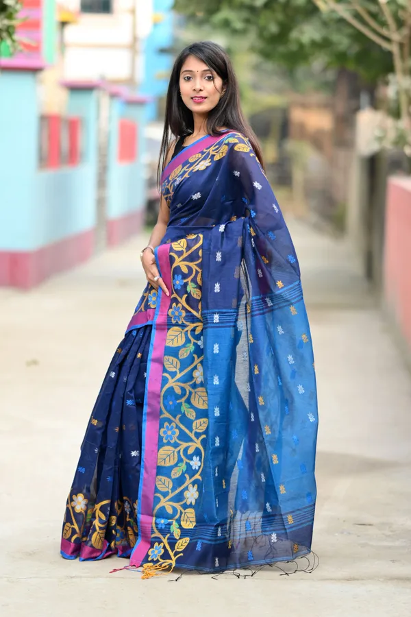 Navy_Blue_Pure_Cotton_Handloom_Embellished_Saree_For_Women