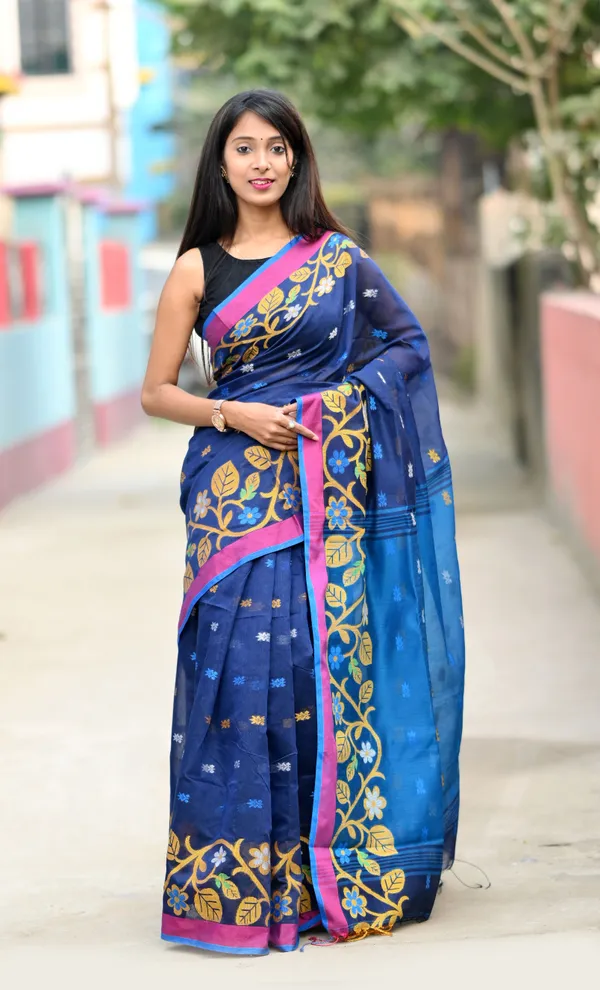 Navy_Blue_Pure_Cotton_Handloom_Embellished_Saree_For_Women