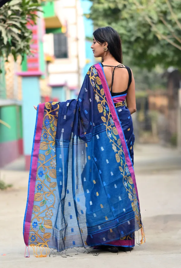 Navy_Blue_Pure_Cotton_Handloom_Embellished_Saree_For_Women