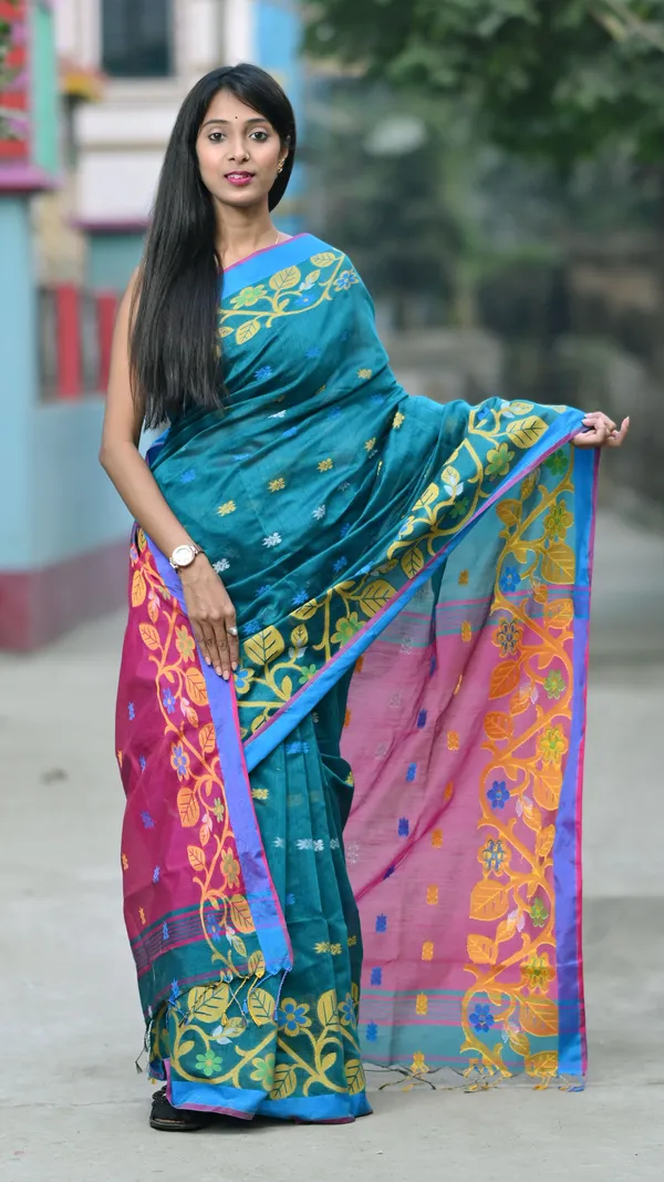 Teal_&_Magenta_Pure_Cotton_Handloom_Embellished_Saree_For_Women