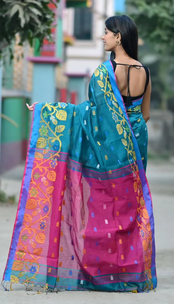Teal_&_Magenta_Pure_Cotton_Handloom_Embellished_Saree_For_Women