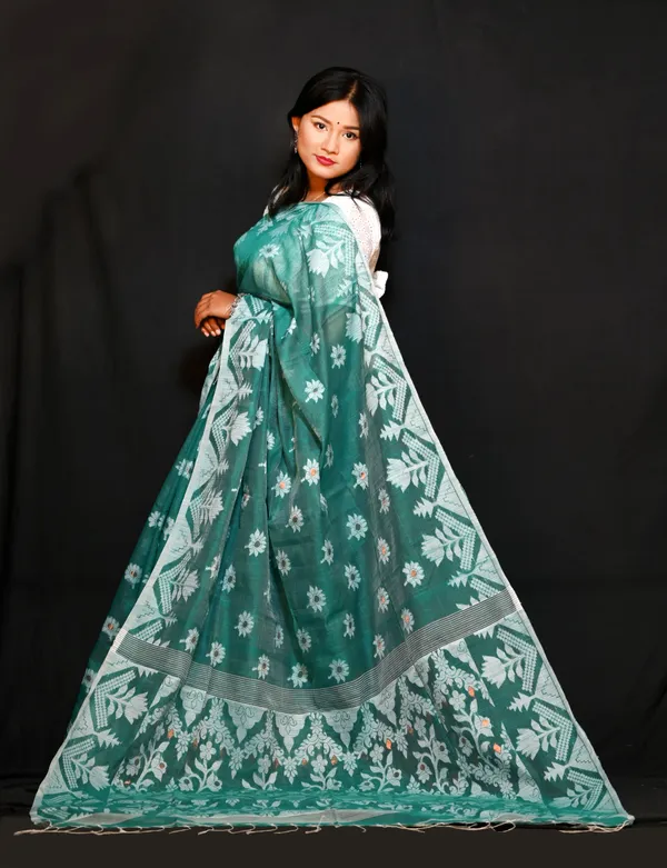 Bottle_Green_Cotton_Linen_Handloom_Self_Design_Saree_For_Women