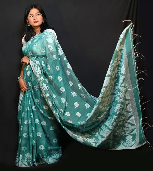 Bottle_Green_Cotton_Linen_Handloom_Self_Design_Saree_For_Women