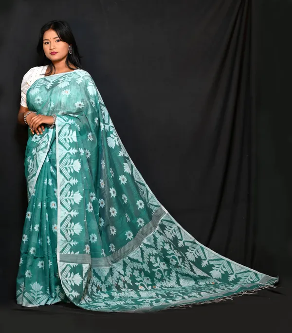 Bottle_Green_Cotton_Linen_Handloom_Self_Design_Saree_For_Women