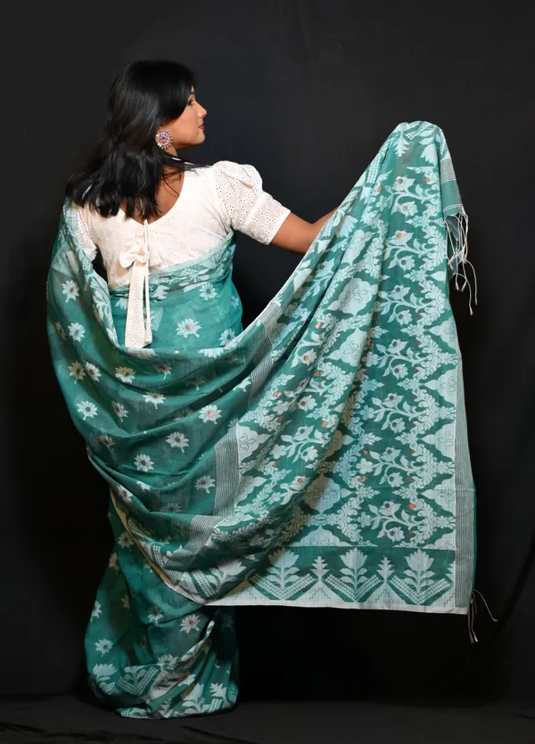 Bottle_Green_Cotton_Linen_Handloom_Self_Design_Saree_For_Women