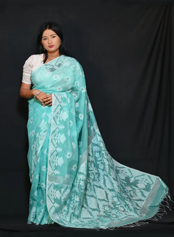 Light_Blue_Green_Cotton_Linen_Handloom_Self_Design_Saree_For_Women