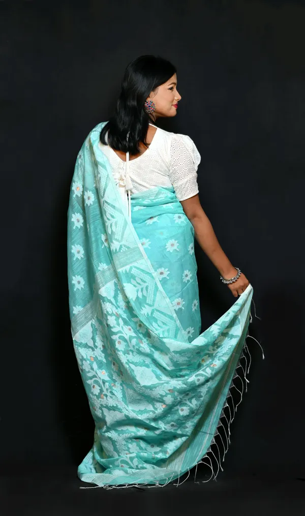 Light_Blue_Green_Cotton_Linen_Handloom_Self_Design_Saree_For_Women