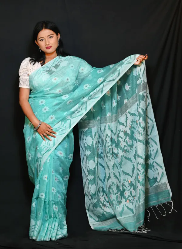 Light_Blue_Green_Cotton_Linen_Handloom_Self_Design_Saree_For_Women
