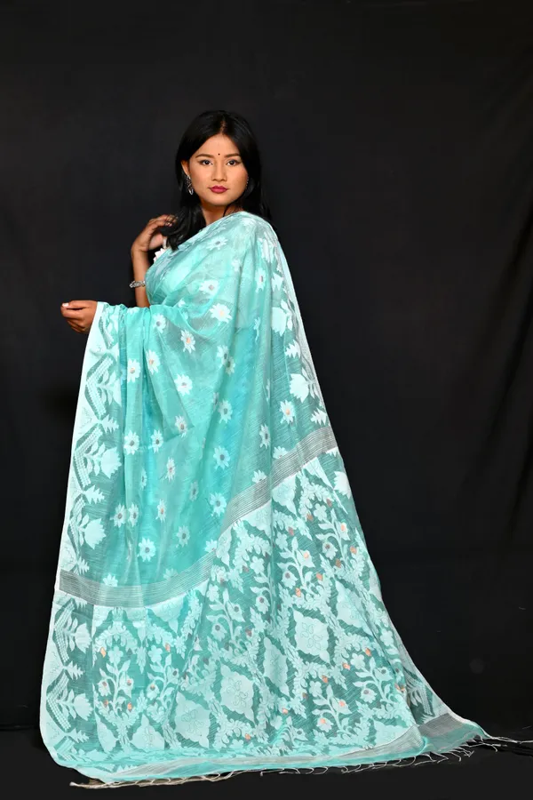 Light_Blue_Green_Cotton_Linen_Handloom_Self_Design_Saree_For_Women
