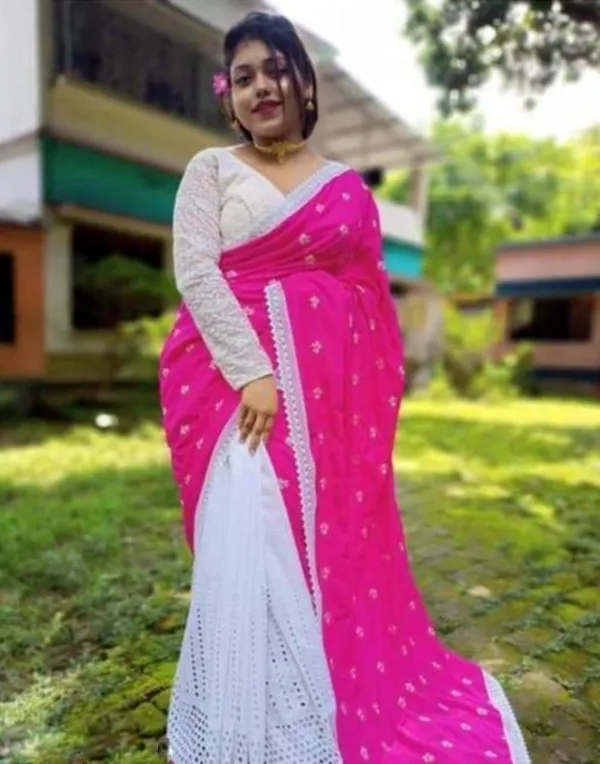White_&_Pink_Cotton_Blend_Handloom_Floral_Print_&_Self_Design_&_Printed_Saree_For_Women