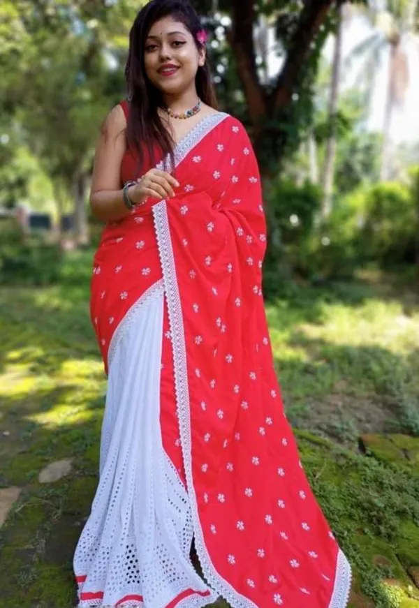 White_&_Red_Cotton_Blend_Handloom_Floral_Print_&_Self_Design_&_Printed_Saree_For_Women