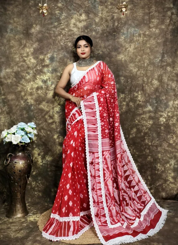 Red_&_White_Cotton_Silk_Jamdani_Woven_Saree_For_Women